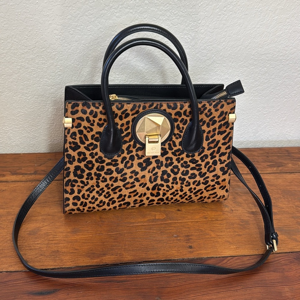 Celine Dion Octave Leopard Print Handbag with Black Accents Leather Satchel.